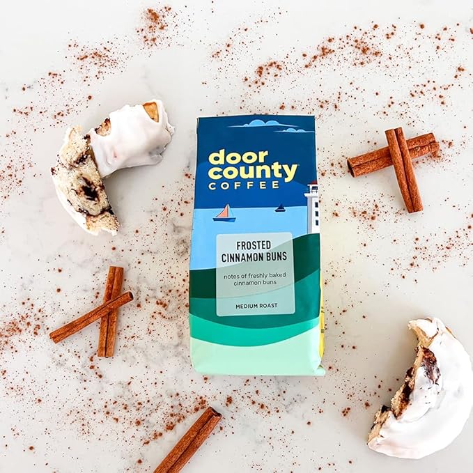 Door County Coffee Frosted Cinnamon Buns Flavored - 10oz Bag - Ground Medium Roast - 100% Arabica - Frosted Cinnamon Buns