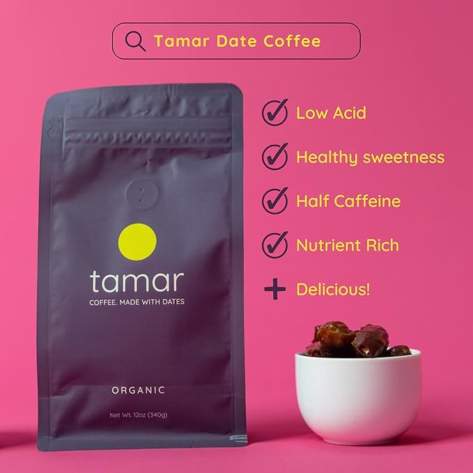 Tamar Date Coffee | Organic Ground Blend of Coffee & Whole Dates | Low Acid | Half Caffeine | Nutrient Rich | Boost of Energy | Medium Roast | 12oz bag