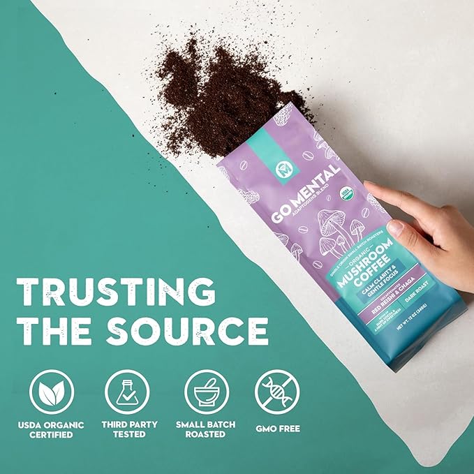 Organic Mushroom Decaffeinated Coffee Dark Roast, Swiss Water Water Process, Red Reishi & Chaga, Decaf for Calm and Relaxed Focus, Grade 1 Single Origin Peruvian 12oz - Ground (2 Pack)