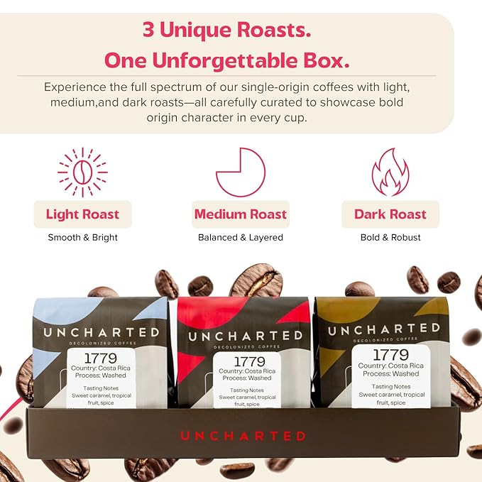 Single-Origin Organic Coffee Beans Gift Box, Light, Medium or Dark Roast Organic Whole Bean Coffee, 3 Pack Explorer, 1779 Costa Rica by Uncharted Coffee
