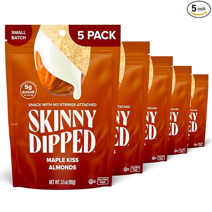 SkinnyDipped Maple Kiss Almonds, Healthy Snack, Plant Protein, Gluten Free, 3.5 oz Resealable Bags, Pack of 5, Seasonal Flavor