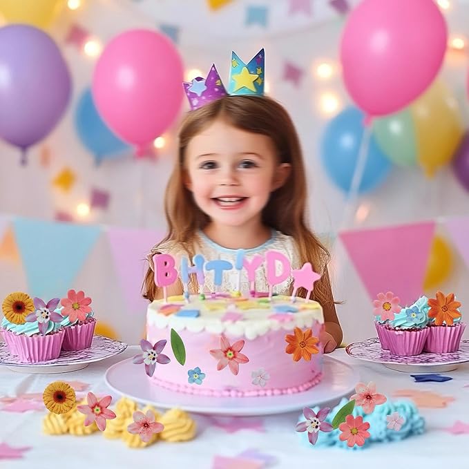 50 PCS Edible Flowers Cupcake Toppers Sunflower Cherry Blossom Green Leaf Cake Toppers Flowers Birthday Decorations for Wedding Themed Party Baby Shower Birthday Cake Decoration Mixed Size & Colour