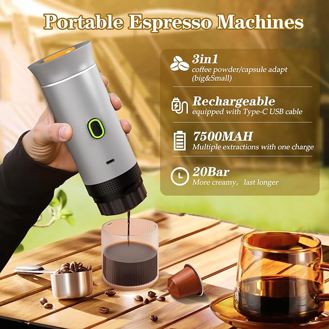 3-in-1 Portable Espresso Maker, Travel Coffee Maker, Self-Heating Car Coffee Maker with USB-C, Small Espresso Machine with Ground Coffee & Capsules (NS竊낪G) for RV, Hiking, Office (silver)