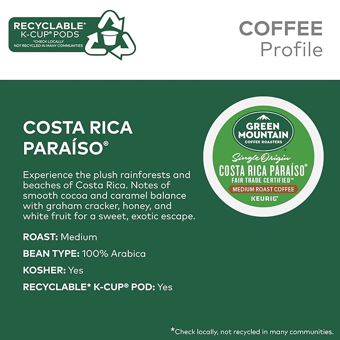 Green Mountain Coffee Roasters Costa Rica Paraiso Single-Serve K-Cup Pods, Medium Roast Coffee, 96 Count