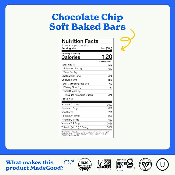 MadeGood Mornings Soft Baked Breakfast Bars, Chocolate Chip, 1.06 Oz (30 Count) Gluten Free Snacks