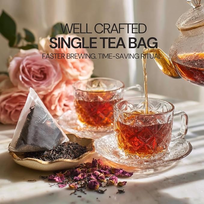 BLOSSOM RITUAL Dreamy Roses – Black Tea Loose Leaf – 20 Natural Based Pyramid Bags – Serve Upto 60 cups – Rose Petal Infused – Boost Focus & Relaxation – Resealable Zip Pouch| 2.65oz