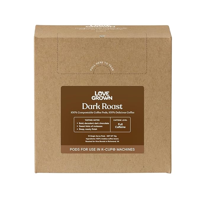 Love Grown Compostable Coffee Pods - Compatible with Single-Serve Brewing Machines - 100% Arabica Beans, Plastic-Free, Gluten-Free, Non-GMO - Dark Roast, Box of 15