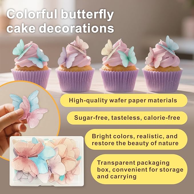 48pcs Edible Butterflies for Cake Decorating, Wafer Paper Butterfly Cake Decorations, Edible Cake Decorations(6 Colors)