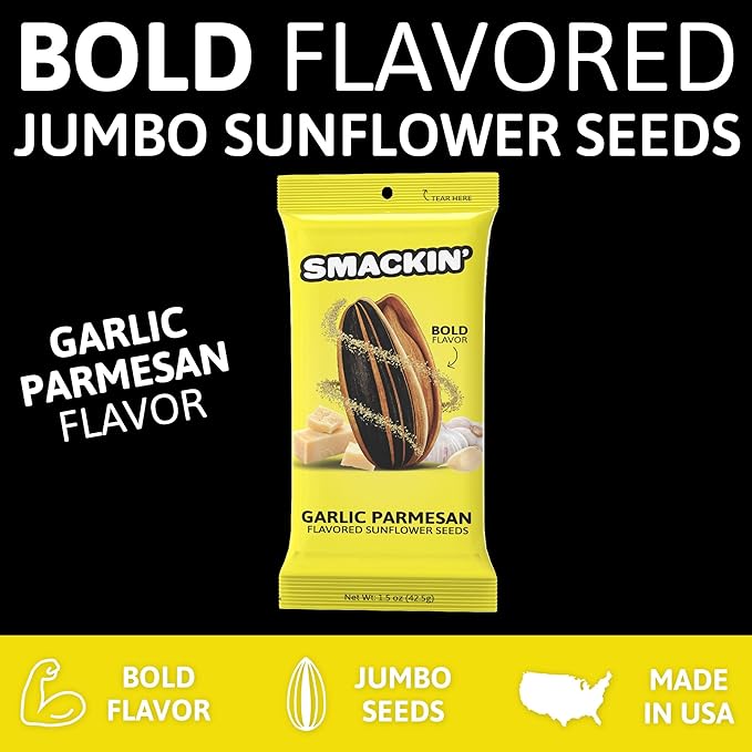 SMACKIN' Sunflower Seeds | Roasted Jumbo Sunflower Seeds | 6 Flavor Sampler Pack | 1.5 Ounce Flavored Sunflower Seeds | Small-Batch, American Made Sunflower Seeds | Keto Snacks (6 Bags, Garlic Parmesan)
