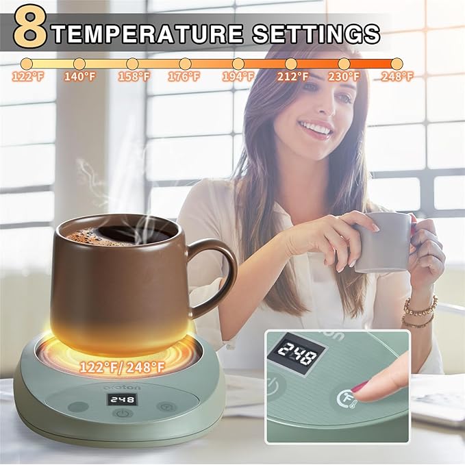 Mug Warmer for Coffee and Tea, Auto Shut Off,4.3 Inch Large Heated Plate,8 Temperature Settings, 1-8 Hour Timer Settings, Smart Coffee Warmer Plate Milk Tea Water(Green)