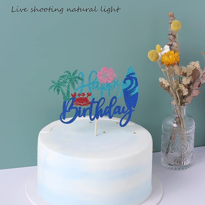 Rsstarxi 1 Pack Beach Happy Birthday Cake Topper Glitter Flower Crab Palm Leaf Surfboard Cake Pick for Beach Surfing Hawaii Luau Theme Baby Shower Kids Boys Girls Birthday Party Cake Decorations