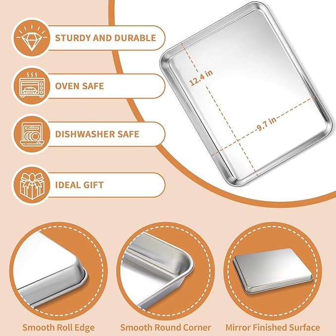 Stainless Steel Baking Sheet Set of 2, Deedro Cookie Sheet Metal Baking Pan Oven Tray, Non Toxic & Heavy Duty, Rust Free & Mirror Finish, Easy Clean & Dishwasher Safe, 12 x 10 x 1 Inch