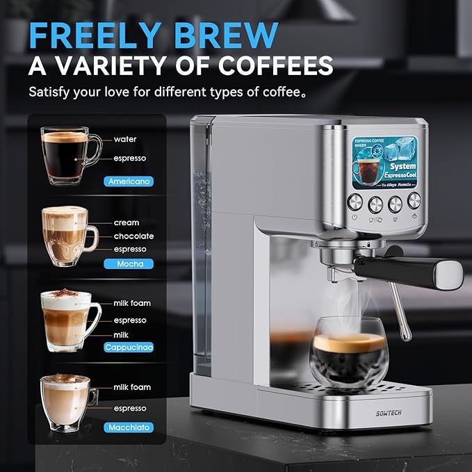Espresso Machine 20 Bar, Compact Espresso Maker with Milk Frother, Stainless Steel Coffee Machine with 42 oz Water Tank for Cappuccino, Latte&Cold Brew, Home&Office, Silver