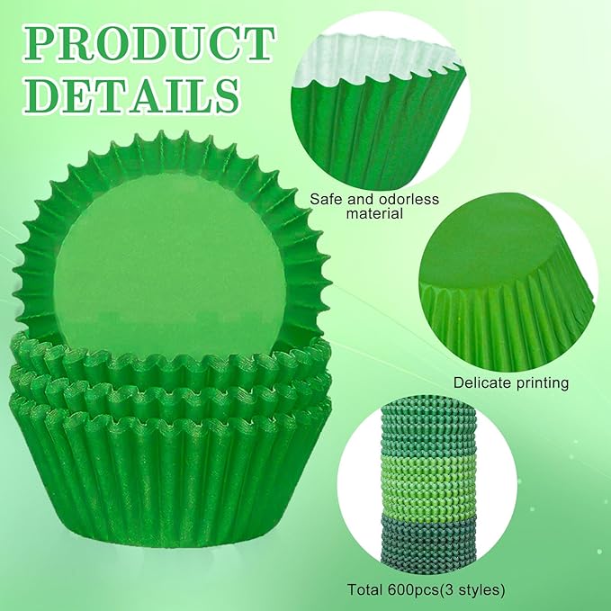 Whaline 600Pcs Green Cupcake Liners Gradient Green Print Baking Cups Holders Cupcake Wrappers Muffin Liners for Baby Shower Bridal Shower Wedding Birthday Party Decoration