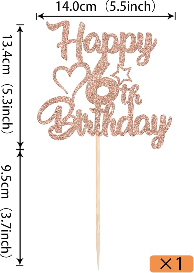 1 Pack Happy 6th Birthday Cake Topper - Glitter Heart Star 6 Fabulous Cake Picks - Rosegold