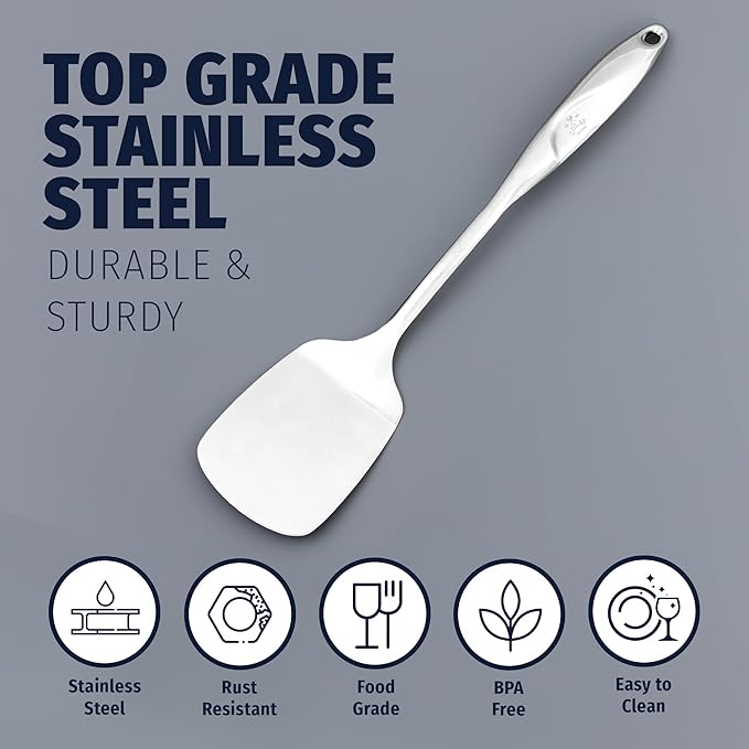 Zulay Kitchen Premium Stainless Steel Metal Spatula - Cooking Spoon Turner - Durable Cooking Utensil with Ergonomic, Easy to Use Handle - Easy to Clean, Perfect for at Home Cooks & Chefs - 15??,<div>