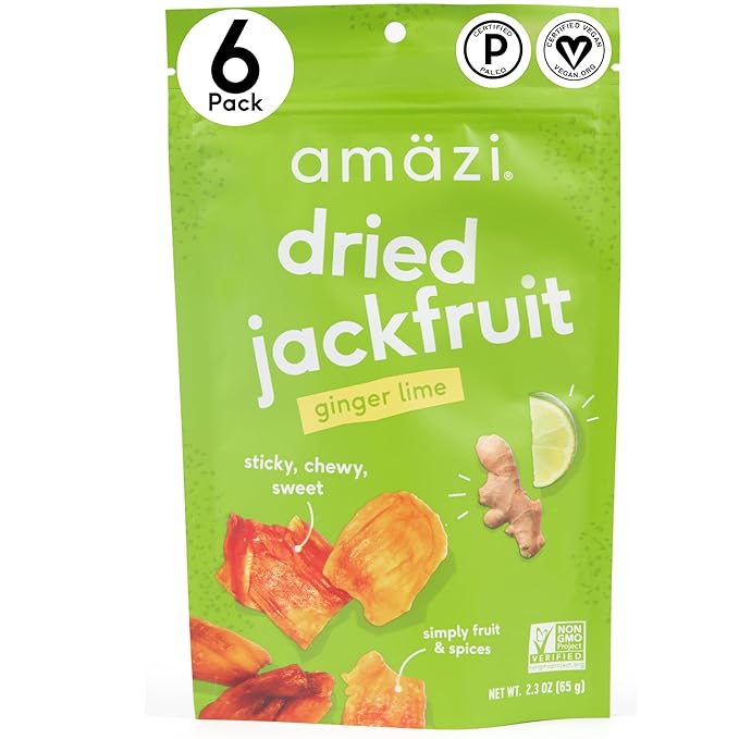 Am채zi Foods | Ginger Lime Dried Jackfruit (6 Pack) | All Natural Snacks | Gluten Free Healthy Dried Fruit Snacks