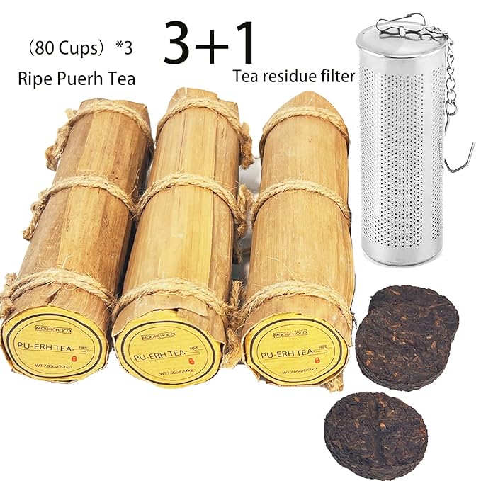 (60Cakes-240Cups) Pu-erh Tea in Bamboo Leaf Tube - Ripe Puerh Tea Cake 21.16 oz/600g And a tea filter,Aged Shou Black Tea