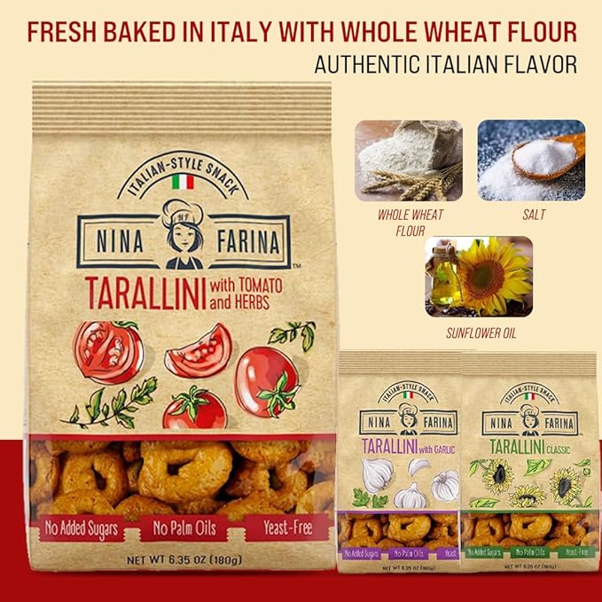NINA FARINA Tarallini Variety Pack-Fresh Baked Italian Crackers Free from Added Sugars, Palm Oils & Yeast - Italian Style Nutritious Tarallini Crackers Great for Health 6.35oz/bag (9PACK)