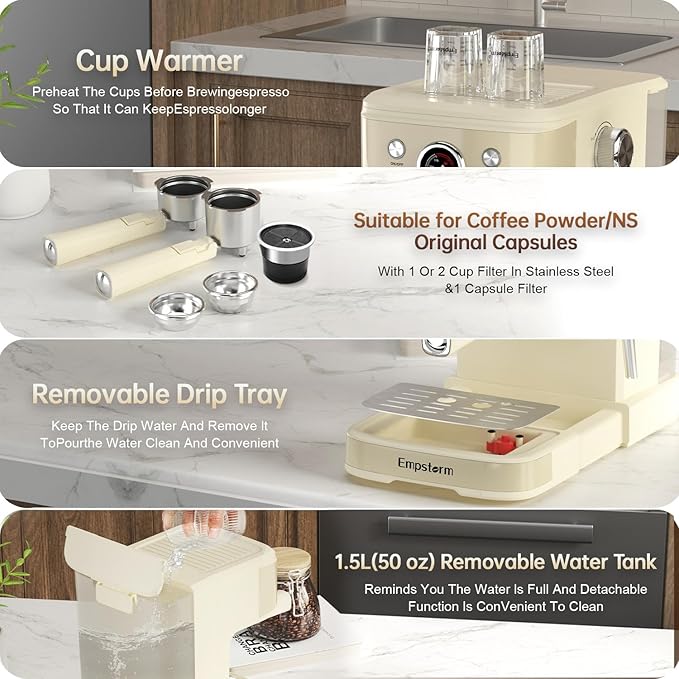 White Espresso Machine with Milk Frother, Cappuccino Machines for Home, Coffee Espresso Machine Suitable for Coffee Powder/NS Original Capsules, Espresso Maker with Thermometer