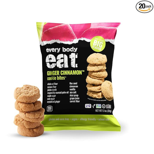 Every Body Eat Crunchy Cookie Bites, Gluten & Dairy Free, Vegan, School Safe Lunch Snacks, Single Serve (Pack of 20) (Ginger Cinnamon)