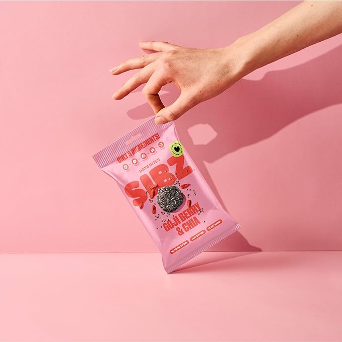 SIBZ Date Bites Goji Berry & Chia Seed - All Natural, Gluten Free, Non GMO, Plant Based, No Added Sugar (2.1oz, Pack of 8)