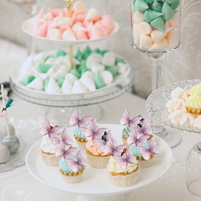 48PCS Edible Cupcake Toppers - Butterflies Cake Decoration - Edible Butterfly Cupcake Picks for Wedding, Bridal Shower, Baby Shower, Birthday Party - Purple