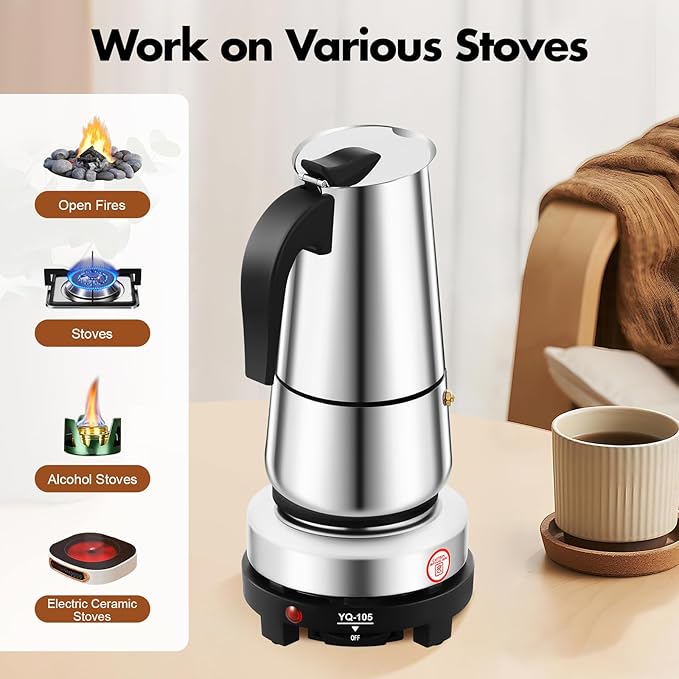 Stovetop Coffee Maker, 9 Cup Stainless Steel Moka Pot Espresso Maker Coffee Pot with Electric Stove, 500W Stovetop Espresso Machine Italian Espresso Maker for Home Bar Office