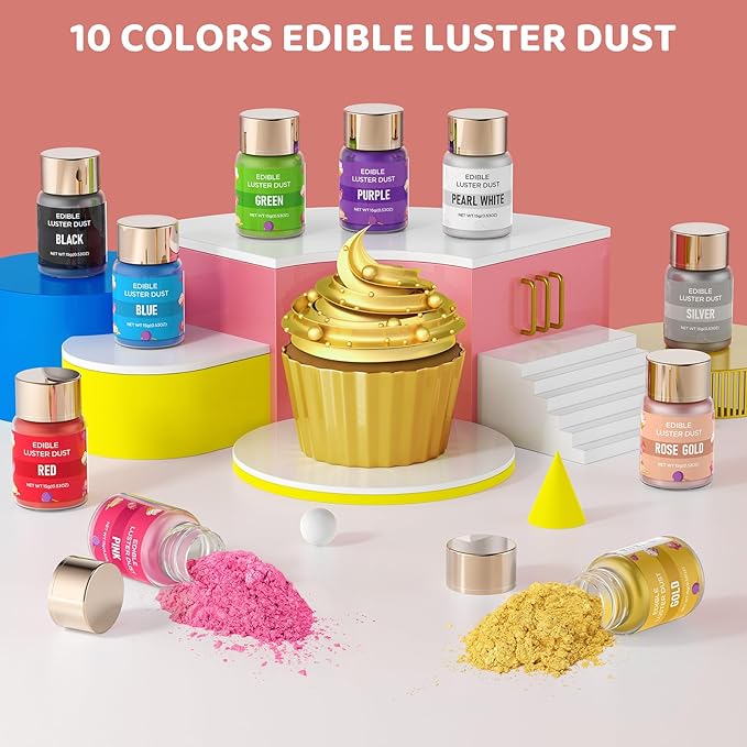 Luster Dust Edible - 15 Grams Food Grade Cake Dust Shimmer Powdered, Cherrysea Powder Luster Dust Food Coloring for Cocktails, Christmas Cookie Decorations, Cake, Drinks, Fondant, Candy - 15g/Bottle (10-Rose Gold)
