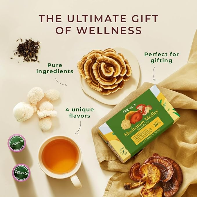 Gya Tea Co Mushroom Medley Collection Tea Gift Set (16 ct) - Tea Pod Assorted Variety Pack with Reishi, Lion's Mane, Turkey Tail, Chai for Nourish & Wellness