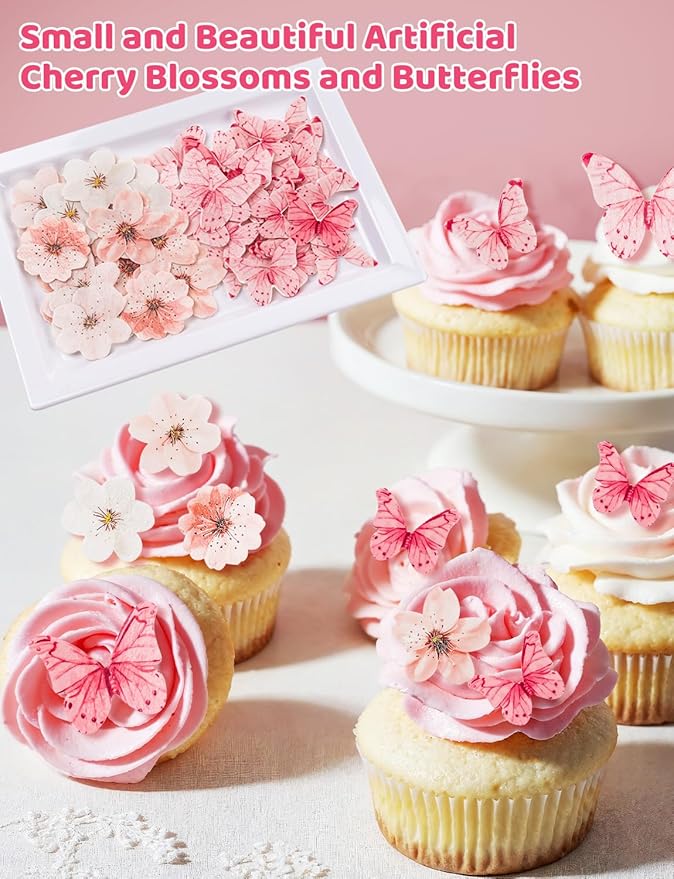 90PCS Wafer Paper Flowers Butterfly Cupcake Toppers, Cherry Blossom Cake Topper for Baby Shower Wedding Birthday Party Cake Food Decorations Supplie