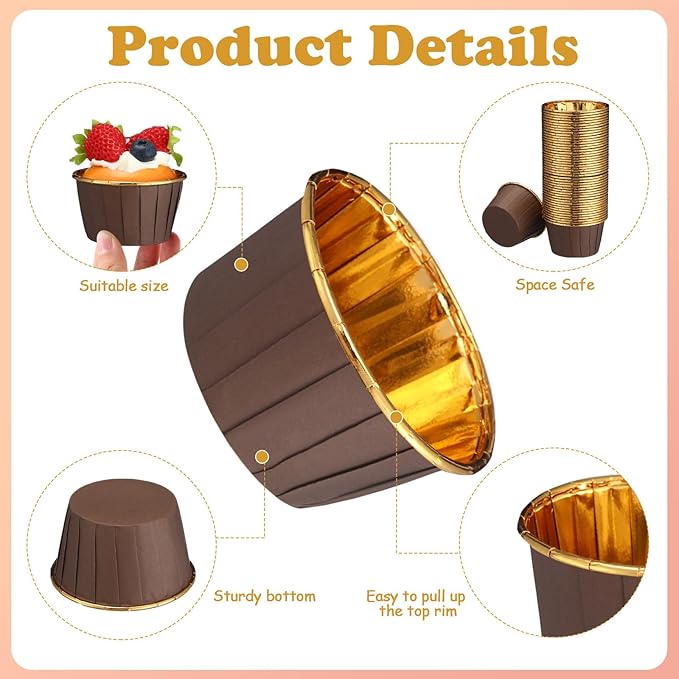 300 Pack Brown Gold Cupcake Cups Bulk Disposable Foil Muffin Liners 3.5 oz Wrappers for Baking Aluminum Paper Mini Metallic Disposable Holiday Party Wedding Festival Supply