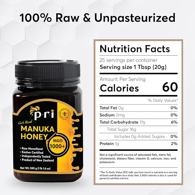 P.R.I Manuka Honey MGO 1000+, 1.1LB High Strength - Raw Manuka Honey (500g Jar)