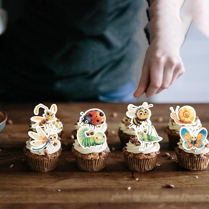 60 Pack Edible Green Caterpillar Cupcake Topper Wafer Paper Nature Insect Hungry Caterpillar Dragonfly Cupcake Picks Happy Birthday Anniversary Wedding Cake Decorations Party Color 1
