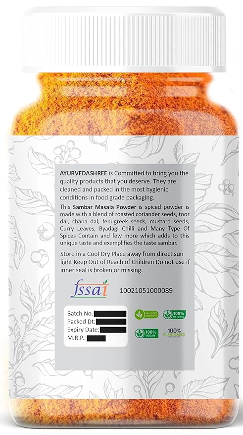 AYURVEDASHREE Sambar Masala (Lentil Soup Spice Blend) 100gm PET Jar | All Natural | Vegan | No Colors | NON-GMO | Indian Origin | Sambhar Masala.