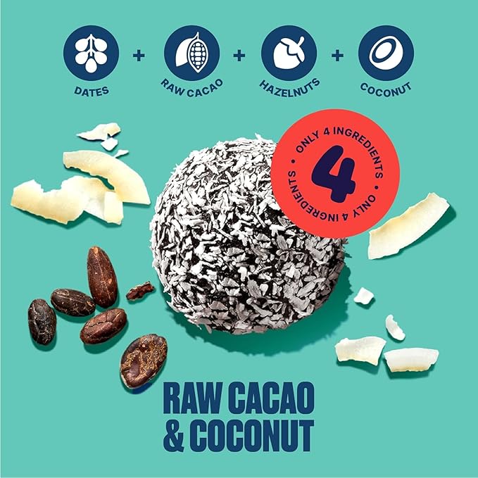 SIBZ Date Bites Raw Cacao & Coconut - All Natural, Gluten Free, Non GMO, Plant Based, No Added Sugar (2.1oz, Pack of 8)