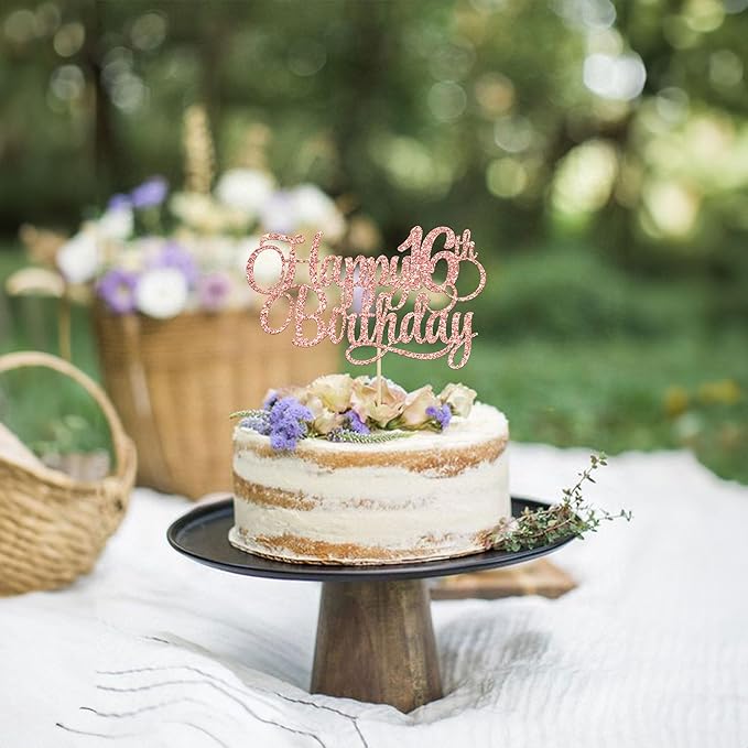 1 Pack Happy 16th Birthday Cake Topper Glitter Number 16 Sixteen Years Old Birthday Cake Pick Decoration for 16th Birthday Celebrating Anniversary Party Supplies Rose Gold