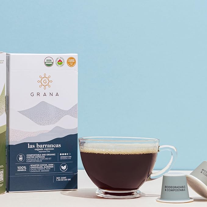 G GRANA Coffee Pods, Compatible with Nespresso OriginalLine, 20 Pack, Dark Roast, USDA Organic 100% Arabica Single Source Specialty-Coffee, Compostable Single Serve Capsules, Las Barrancas
