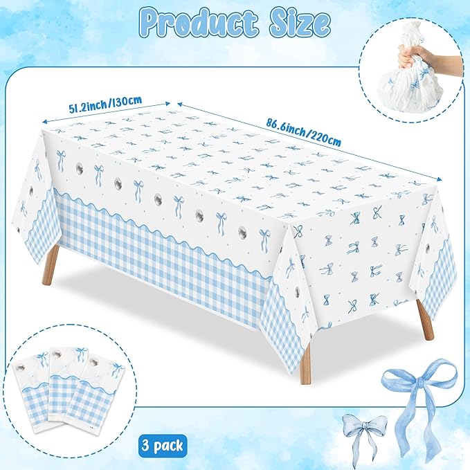 Coquette Blue Bow Party Tablecloths - 3Pcs Watercolor Blue Bow Birthday Table Cover, Disposable Plastic Rectangular Table Cloth Party Decorations for Birthday Baby Shower Wedding Supplies