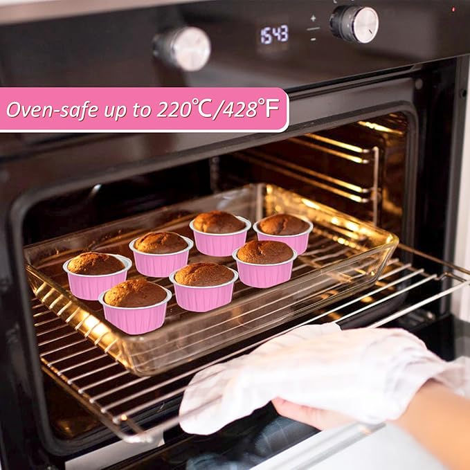 Mini Cake Pans with Lids and Spoons (40 Pack,Pink,5oz) Round Disposable Ramekins - Sturdy Aluminum Foil Cupcake Liners with Lids for Dessert and Party