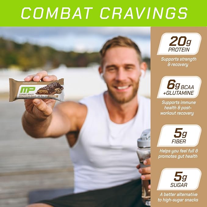 MusclePharm Combat Sport Bar, Chocolate Chip Cookie Dough, High Protein Bars, Combat Cravings, Fuel Performance & Meet Energy Demands, 20g Protein from Whey Protein, 5g Fiber, Gluten Free, 12 Bars