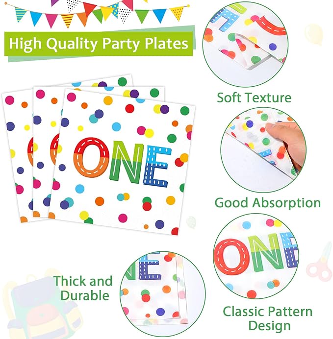 96pcs Rainbow 1st Birthday Plates and Napkins Confetti Happy Birthday Party Decorations with Polka Dot Confetti Dessert Plates Colorful 1st Tableware for 24 Guests 1 Year Old Party Supplies