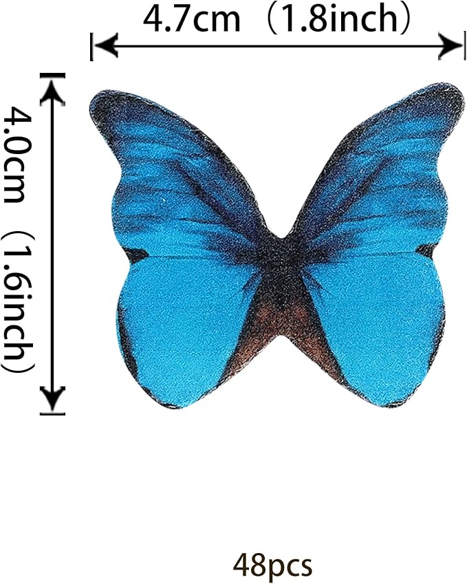 48PCS Edible Butterfly Cupcake Toppers Edible Butterfies for Cake Decorating Wafer Paper Edible Butterfly Cupcake Picks for Wedding Anniversary Kids Birthday Party Cake Decorations Supplies Blue