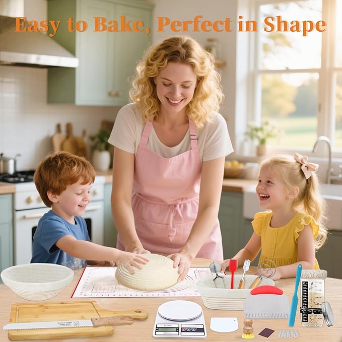 Aliggbent 40Pcs Sourdough Bread Baking Supplies, 10'' Round & Oval Banneton Bread Proofing Baskets with 24 oz Sourdough Starter Jar Kit, Digital Scale, Cutting Board, Knife, Bags ï¼?Bread Making Tools