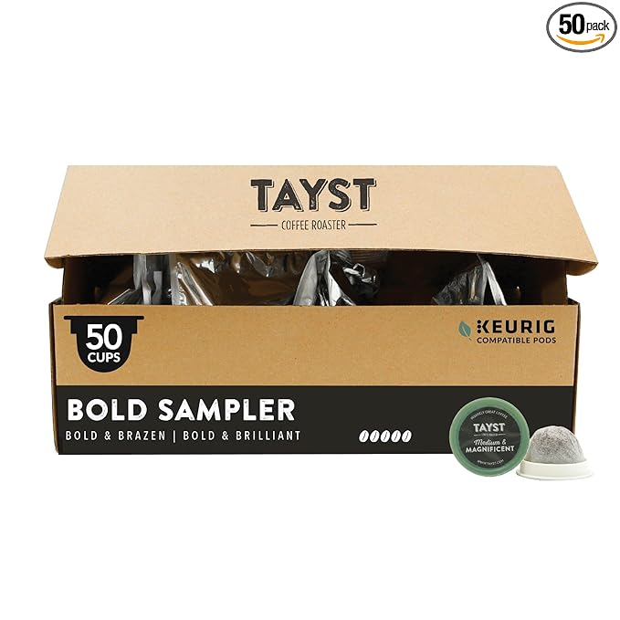 Tayst Coffee Pods, Bold Sampler Box Dark Roast, K Cups Compatible with Keurig Coffee Maker, Sustainable Single Serve, Pack of 50