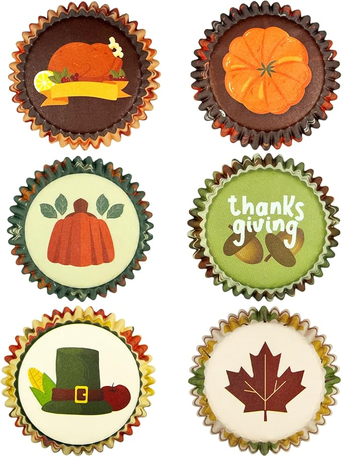 qiqee Thanksgiving Jumbo Cupcake Liners 300PCS Cupcake Liners Cupcake Cups 6 Designs Thanksgiving Hat Cupcake Papers Baking Cups Cupcake Wrappers (Large Size)