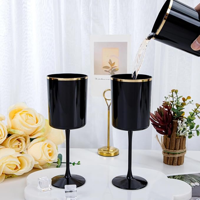 Ciaell 12 Pack 10 OZ Black Plastic Wine Glasses with Stem - Black and Gold Disposable Wine Glasses Perfect for Parties & Weddings & Toasting & Outdoors & Camping & Halloween
