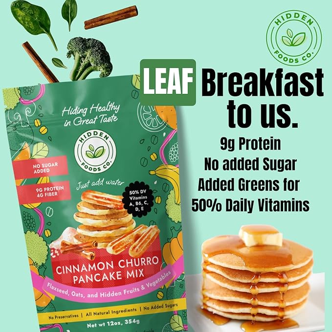 Hidden Foods Cinnamon Pancake Golden Brown Monk Fruit Cinnamon Bun Pancake - Fiber and Protein Churro Pancake Mix with Wheat & Oat Flour Blend of Vegetables - Fully Fiber Waffle Mix Meal 2 Pack