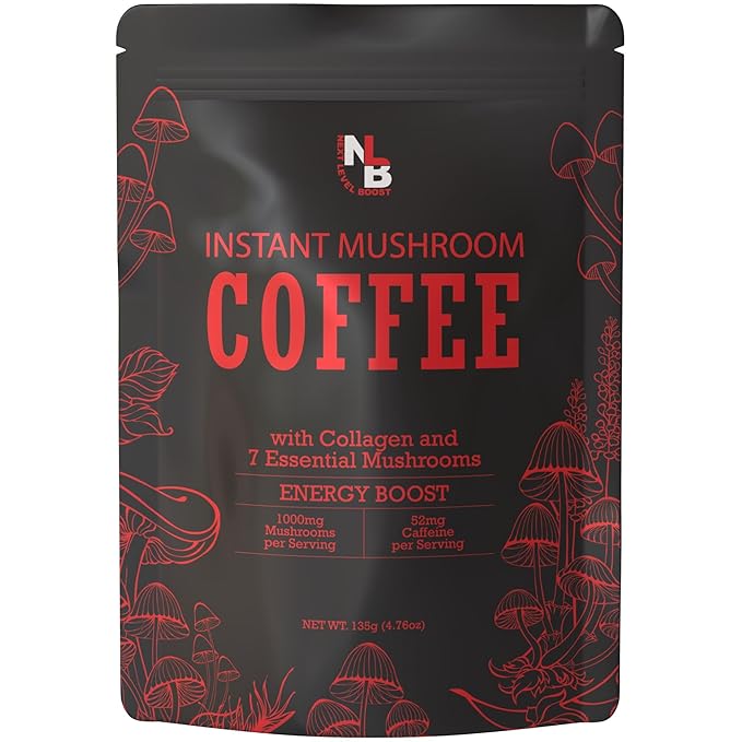 Energy Boost Mushroom Instant Coffee - 135g, 15 Servings Pouch - Healthy Coffee Alternative and Substitute - with Dynamine, Collagen, Lions Mane and Antioxidants