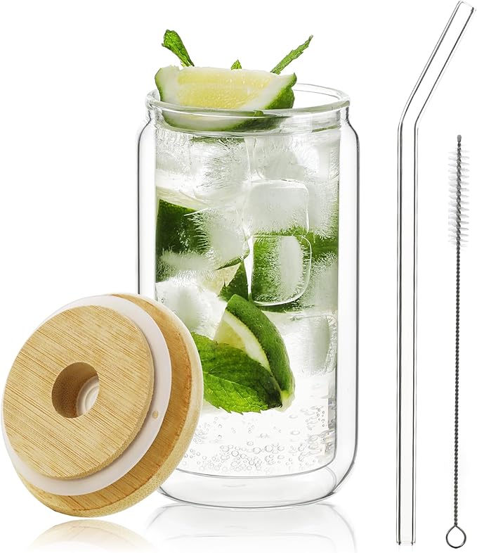 LIBWYS 13.5oz Double Wall Drinking Glass Cup with Bamboo Lid and Straw, 1 Pc Set ??Condensation Resistant Insulated Glass Can Tumbler for Cold Drinks, Iced Coffee, Tea, Juice, Cleaning Brush